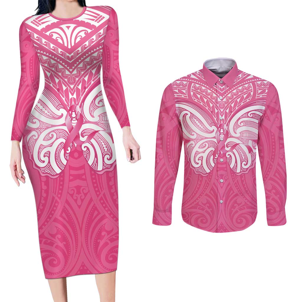 New Zealand Breast Cancer Awareness Couples Matching Long Sleeve Bodycon Dress and Long Sleeve Button Shirt Maori Butterfly Pink Ribbon - Aussie Hoodie