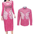 New Zealand Breast Cancer Awareness Couples Matching Long Sleeve Bodycon Dress and Long Sleeve Button Shirt Maori Butterfly Pink Ribbon - Aussie Hoodie