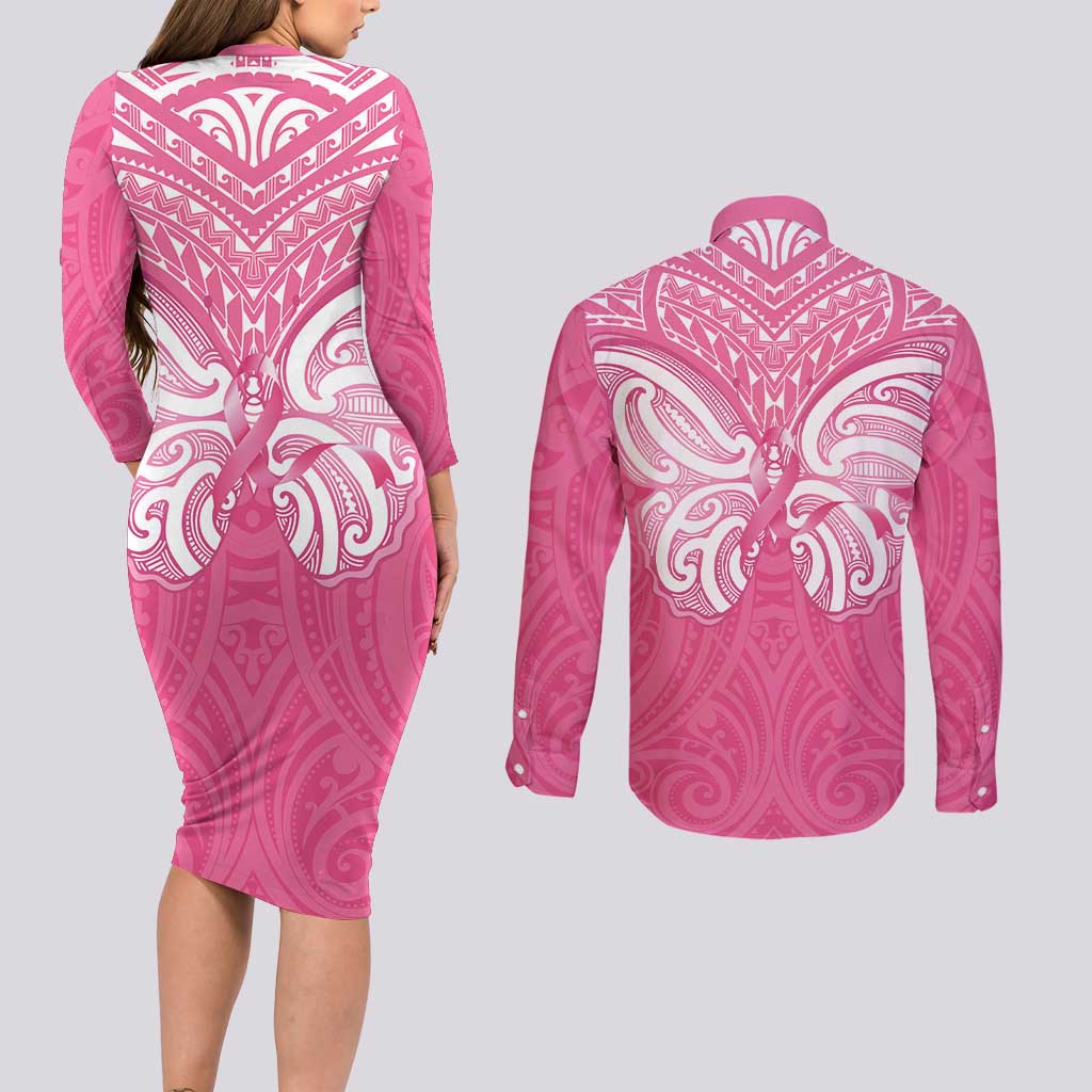 New Zealand Breast Cancer Awareness Couples Matching Long Sleeve Bodycon Dress and Long Sleeve Button Shirt Maori Butterfly Pink Ribbon - Aussie Hoodie