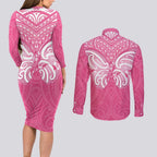 New Zealand Breast Cancer Awareness Couples Matching Long Sleeve Bodycon Dress and Long Sleeve Button Shirt Maori Butterfly Pink Ribbon - Aussie Hoodie