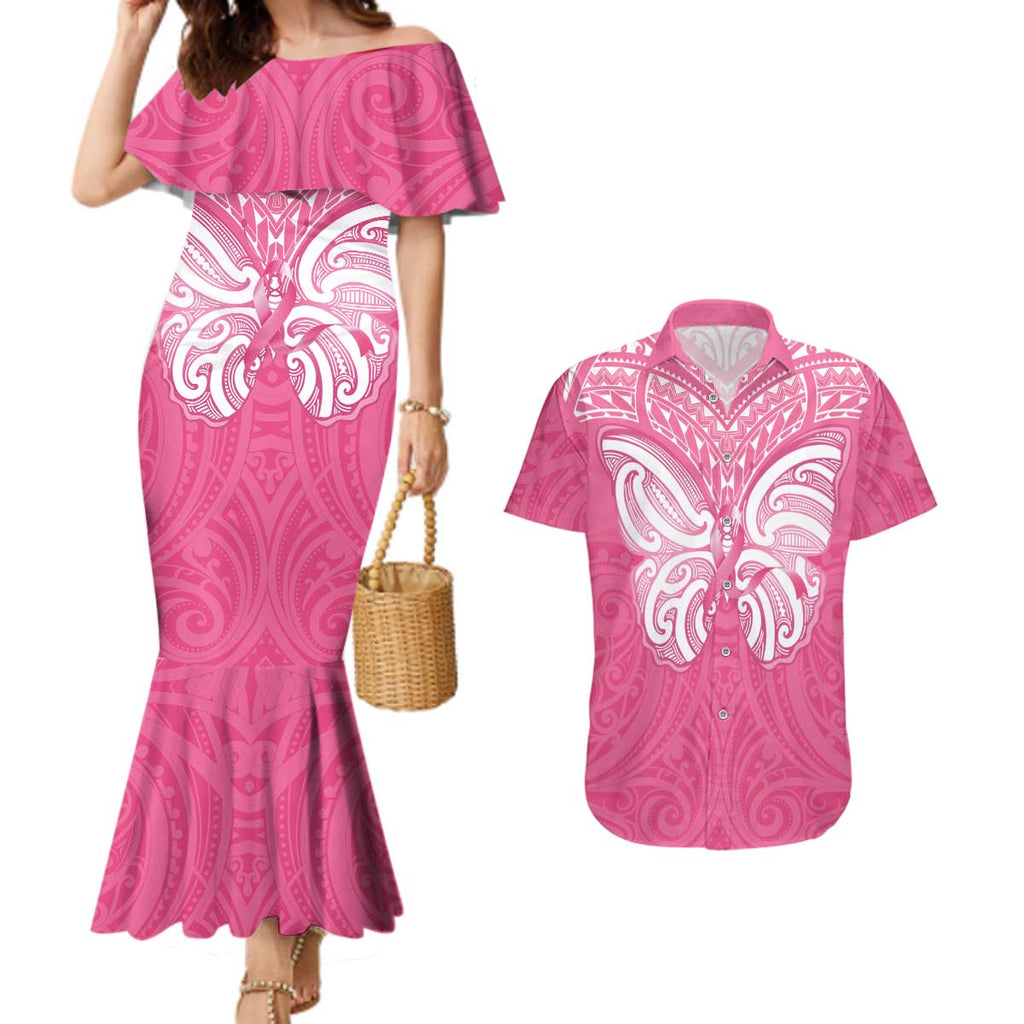New Zealand Breast Cancer Awareness Couples Matching Mermaid Dress and Hawaiian Shirt Maori Butterfly Pink Ribbon - Aussie Hoodie