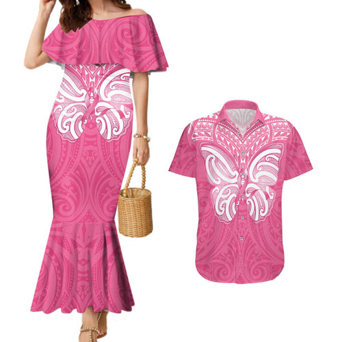 New Zealand Breast Cancer Awareness Couples Matching Mermaid Dress and Hawaiian Shirt Maori Butterfly Pink Ribbon - Aussie Hoodie