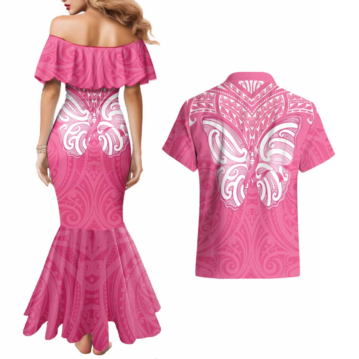 New Zealand Breast Cancer Awareness Couples Matching Mermaid Dress and Hawaiian Shirt Maori Butterfly Pink Ribbon - Aussie Hoodie