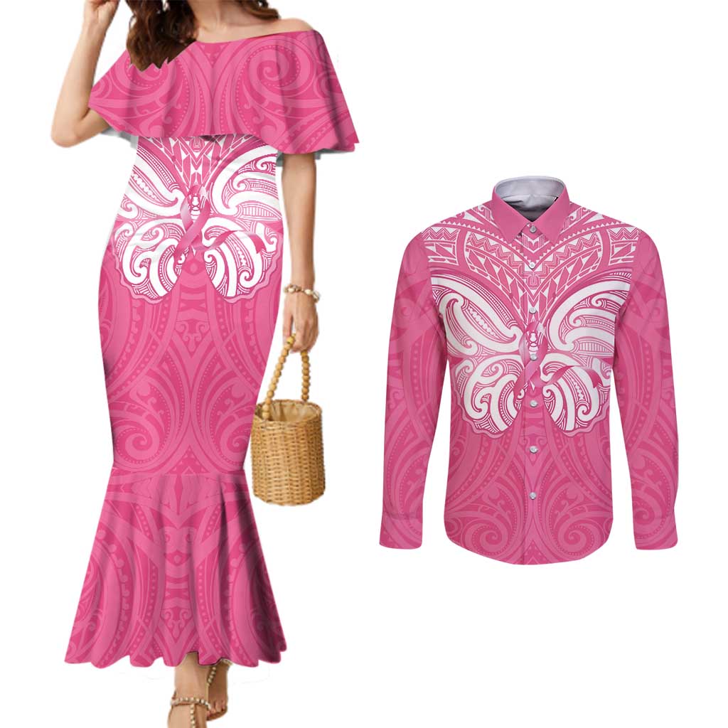 New Zealand Breast Cancer Awareness Couples Matching Mermaid Dress and Long Sleeve Button Shirt Maori Butterfly Pink Ribbon - Aussie Hoodie