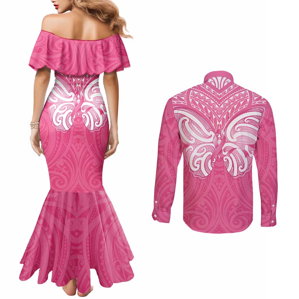 New Zealand Breast Cancer Awareness Couples Matching Mermaid Dress and Long Sleeve Button Shirt Maori Butterfly Pink Ribbon - Aussie Hoodie