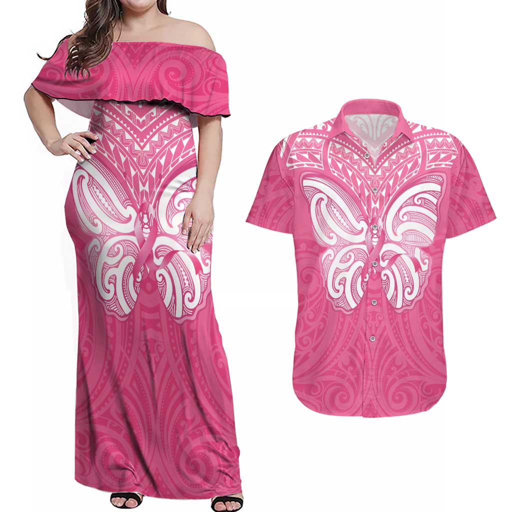 New Zealand Breast Cancer Awareness Couples Matching Off Shoulder Maxi Dress and Hawaiian Shirt Maori Butterfly Pink Ribbon - Aussie Hoodie