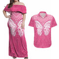 New Zealand Breast Cancer Awareness Couples Matching Off Shoulder Maxi Dress and Hawaiian Shirt Maori Butterfly Pink Ribbon - Aussie Hoodie