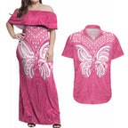 New Zealand Breast Cancer Awareness Couples Matching Off Shoulder Maxi Dress and Hawaiian Shirt Maori Butterfly Pink Ribbon - Aussie Hoodie
