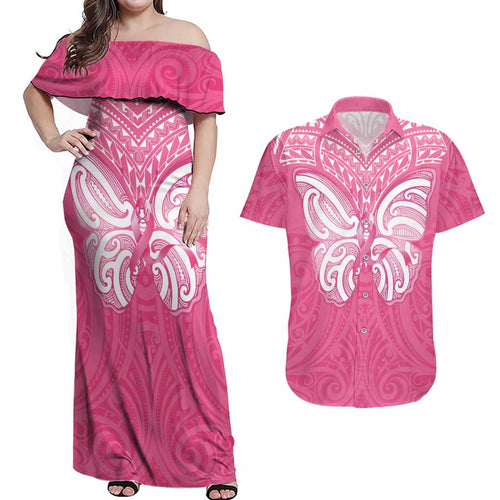 New Zealand Breast Cancer Awareness Couples Matching Off Shoulder Maxi Dress and Hawaiian Shirt Maori Butterfly Pink Ribbon - Aussie Hoodie