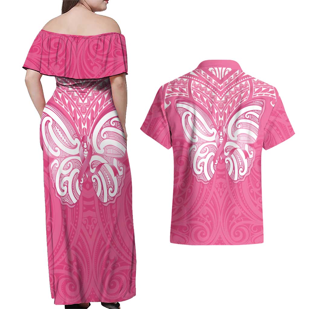 New Zealand Breast Cancer Awareness Couples Matching Off Shoulder Maxi Dress and Hawaiian Shirt Maori Butterfly Pink Ribbon - Aussie Hoodie