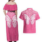 New Zealand Breast Cancer Awareness Couples Matching Off Shoulder Maxi Dress and Hawaiian Shirt Maori Butterfly Pink Ribbon - Aussie Hoodie