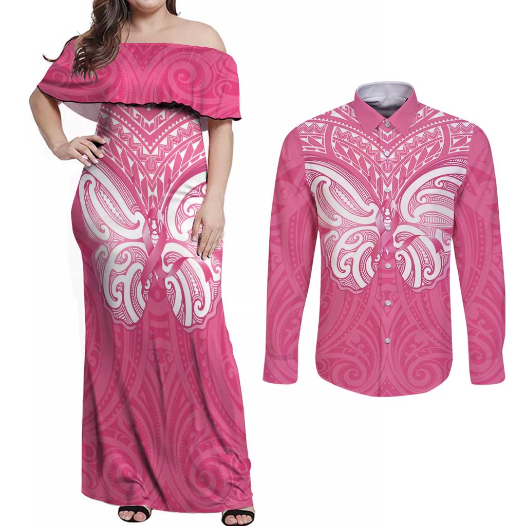 New Zealand Breast Cancer Awareness Couples Matching Off Shoulder Maxi Dress and Long Sleeve Button Shirt Maori Butterfly Pink Ribbon - Aussie Hoodie