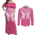 New Zealand Breast Cancer Awareness Couples Matching Off Shoulder Maxi Dress and Long Sleeve Button Shirt Maori Butterfly Pink Ribbon - Aussie Hoodie
