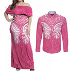 New Zealand Breast Cancer Awareness Couples Matching Off Shoulder Maxi Dress and Long Sleeve Button Shirt Maori Butterfly Pink Ribbon - Aussie Hoodie