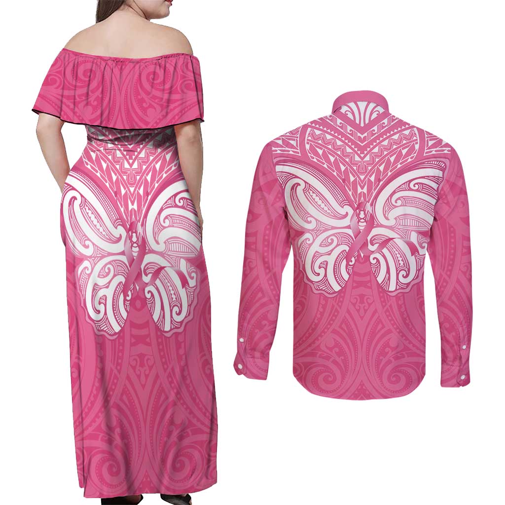 New Zealand Breast Cancer Awareness Couples Matching Off Shoulder Maxi Dress and Long Sleeve Button Shirt Maori Butterfly Pink Ribbon - Aussie Hoodie