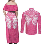 New Zealand Breast Cancer Awareness Couples Matching Off Shoulder Maxi Dress and Long Sleeve Button Shirt Maori Butterfly Pink Ribbon - Aussie Hoodie