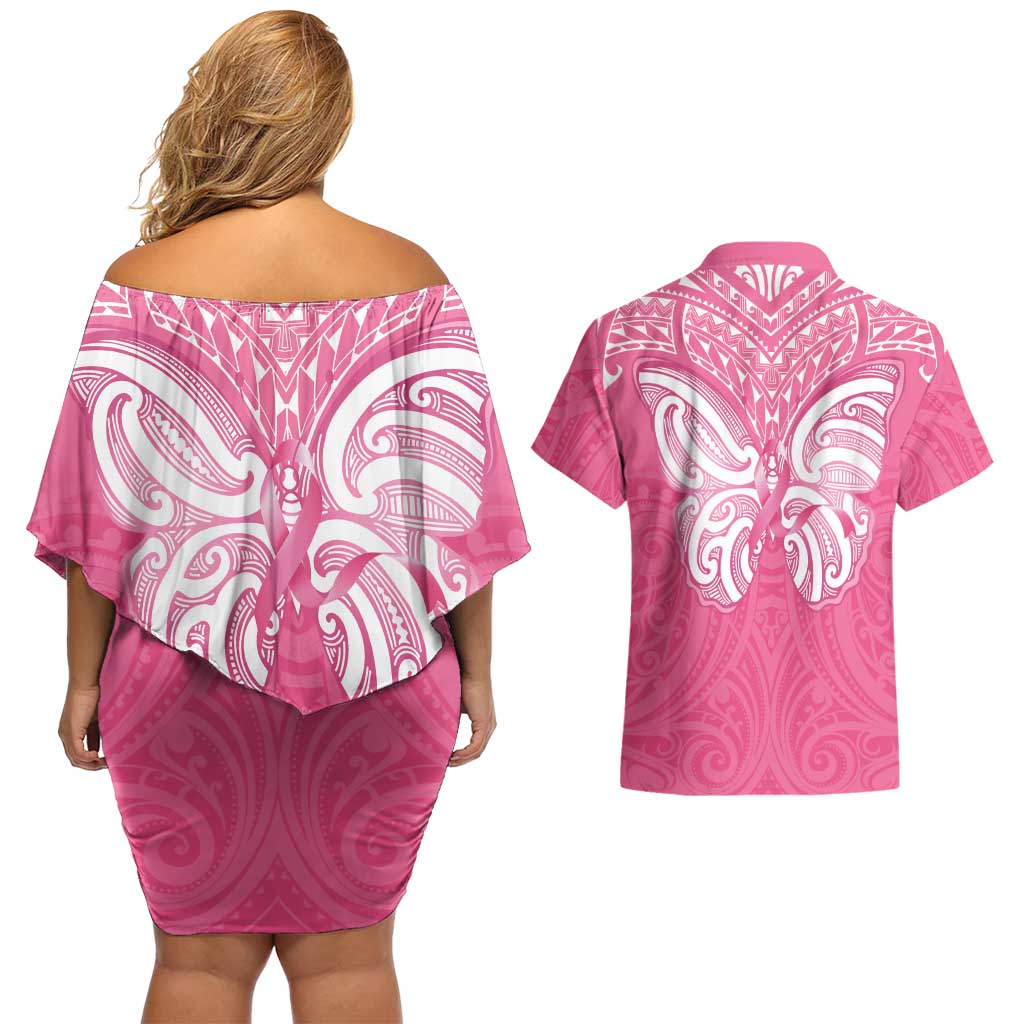 New Zealand Breast Cancer Awareness Couples Matching Off Shoulder Short Dress and Hawaiian Shirt Maori Butterfly Pink Ribbon - Aussie Hoodie