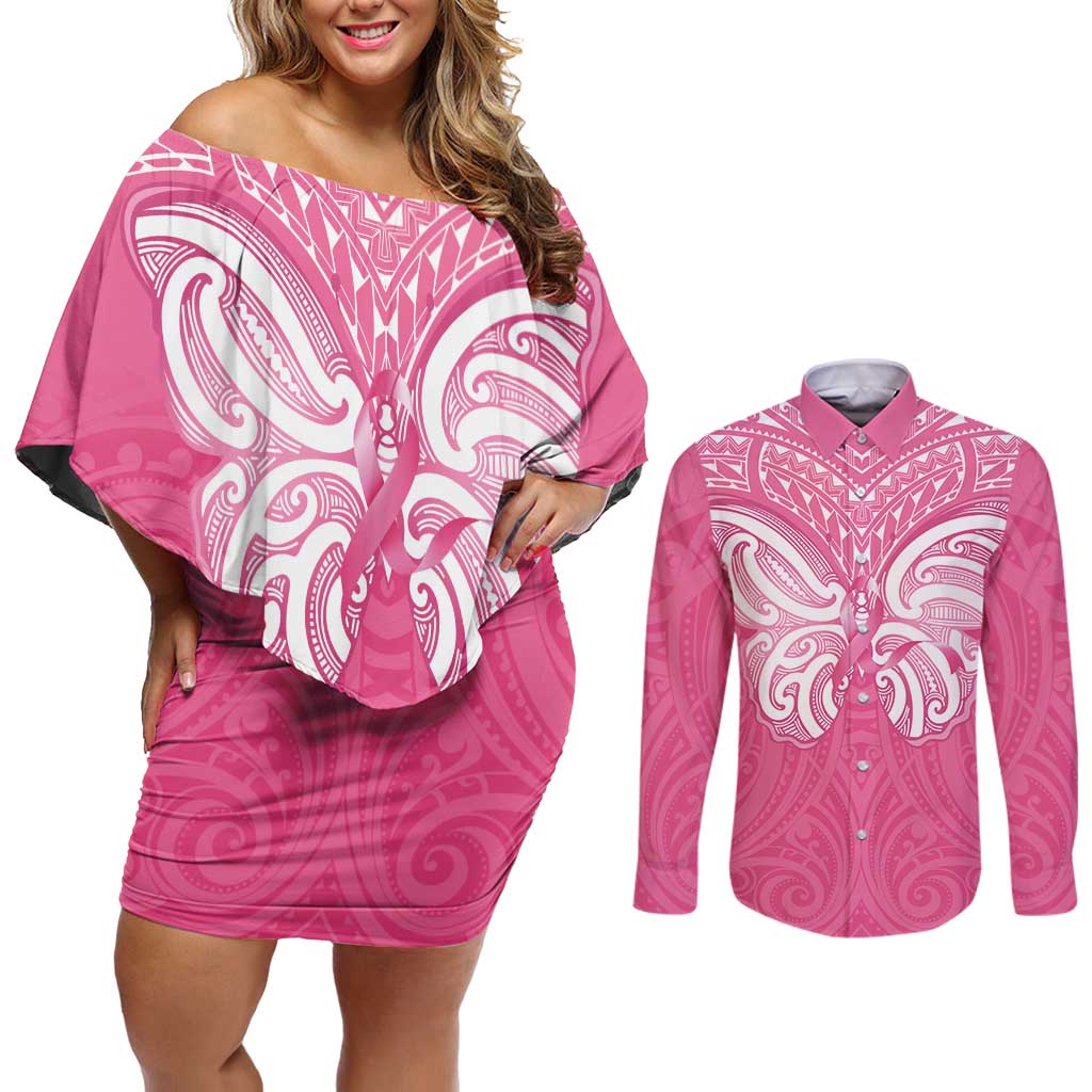 New Zealand Breast Cancer Awareness Couples Matching Off Shoulder Short Dress and Long Sleeve Button Shirt Maori Butterfly Pink Ribbon - Aussie Hoodie