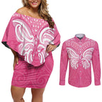 New Zealand Breast Cancer Awareness Couples Matching Off Shoulder Short Dress and Long Sleeve Button Shirt Maori Butterfly Pink Ribbon - Aussie Hoodie