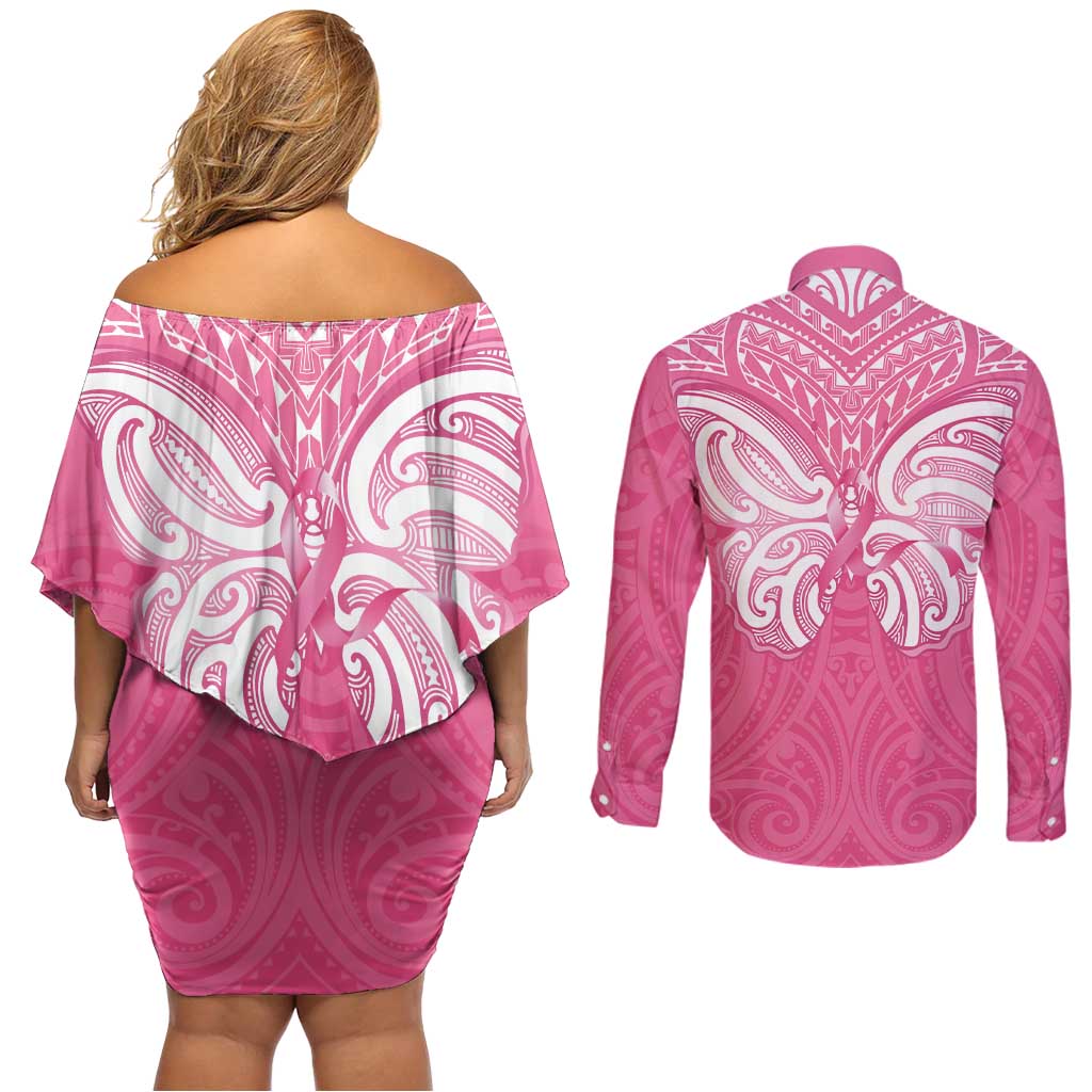 New Zealand Breast Cancer Awareness Couples Matching Off Shoulder Short Dress and Long Sleeve Button Shirt Maori Butterfly Pink Ribbon - Aussie Hoodie