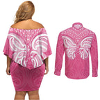 New Zealand Breast Cancer Awareness Couples Matching Off Shoulder Short Dress and Long Sleeve Button Shirt Maori Butterfly Pink Ribbon - Aussie Hoodie