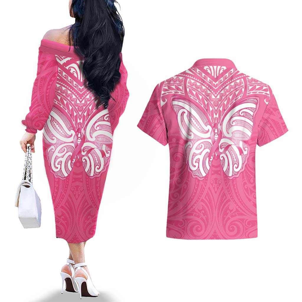 New Zealand Breast Cancer Awareness Couples Matching Off The Shoulder Long Sleeve Dress and Hawaiian Shirt Maori Butterfly Pink Ribbon - Aussie Hoodie