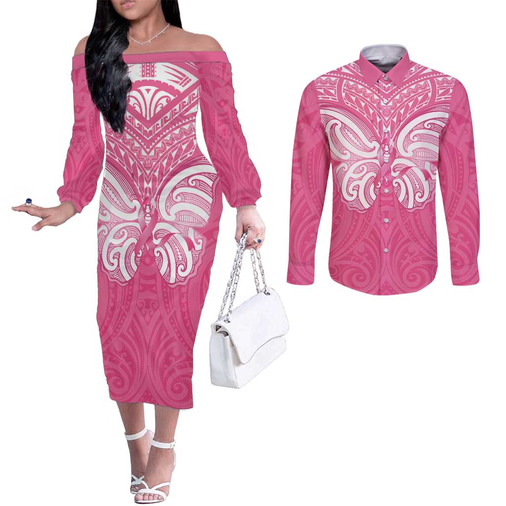 New Zealand Breast Cancer Awareness Couples Matching Off The Shoulder Long Sleeve Dress and Long Sleeve Button Shirt Maori Butterfly Pink Ribbon - Aussie Hoodie