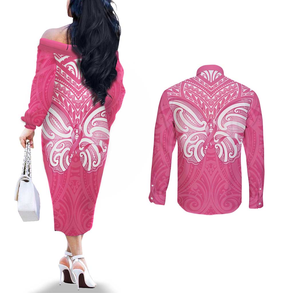 New Zealand Breast Cancer Awareness Couples Matching Off The Shoulder Long Sleeve Dress and Long Sleeve Button Shirt Maori Butterfly Pink Ribbon - Aussie Hoodie