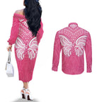 New Zealand Breast Cancer Awareness Couples Matching Off The Shoulder Long Sleeve Dress and Long Sleeve Button Shirt Maori Butterfly Pink Ribbon - Aussie Hoodie
