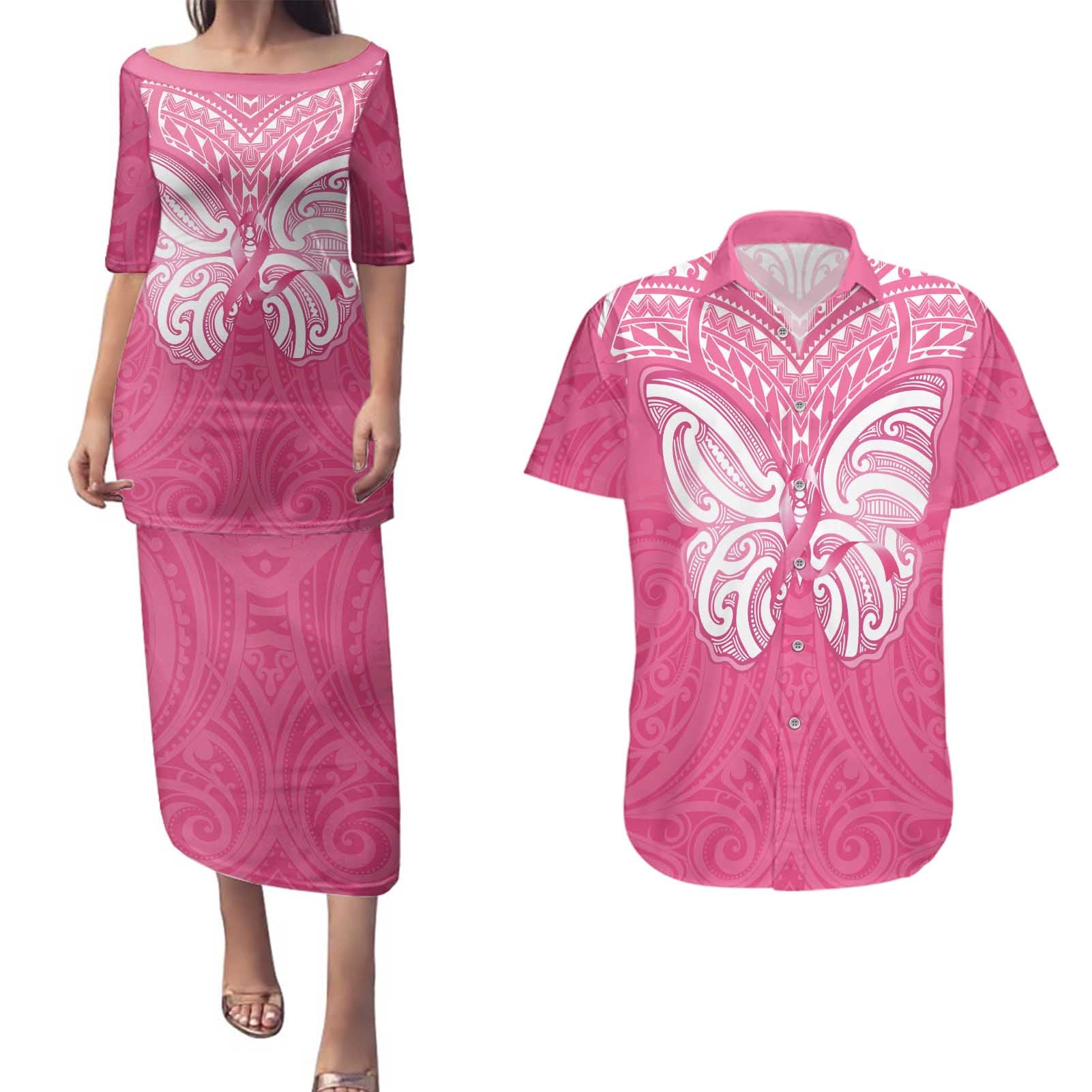 New Zealand Breast Cancer Awareness Couples Matching Puletasi and Hawaiian Shirt Maori Butterfly Pink Ribbon - Aussie Hoodie