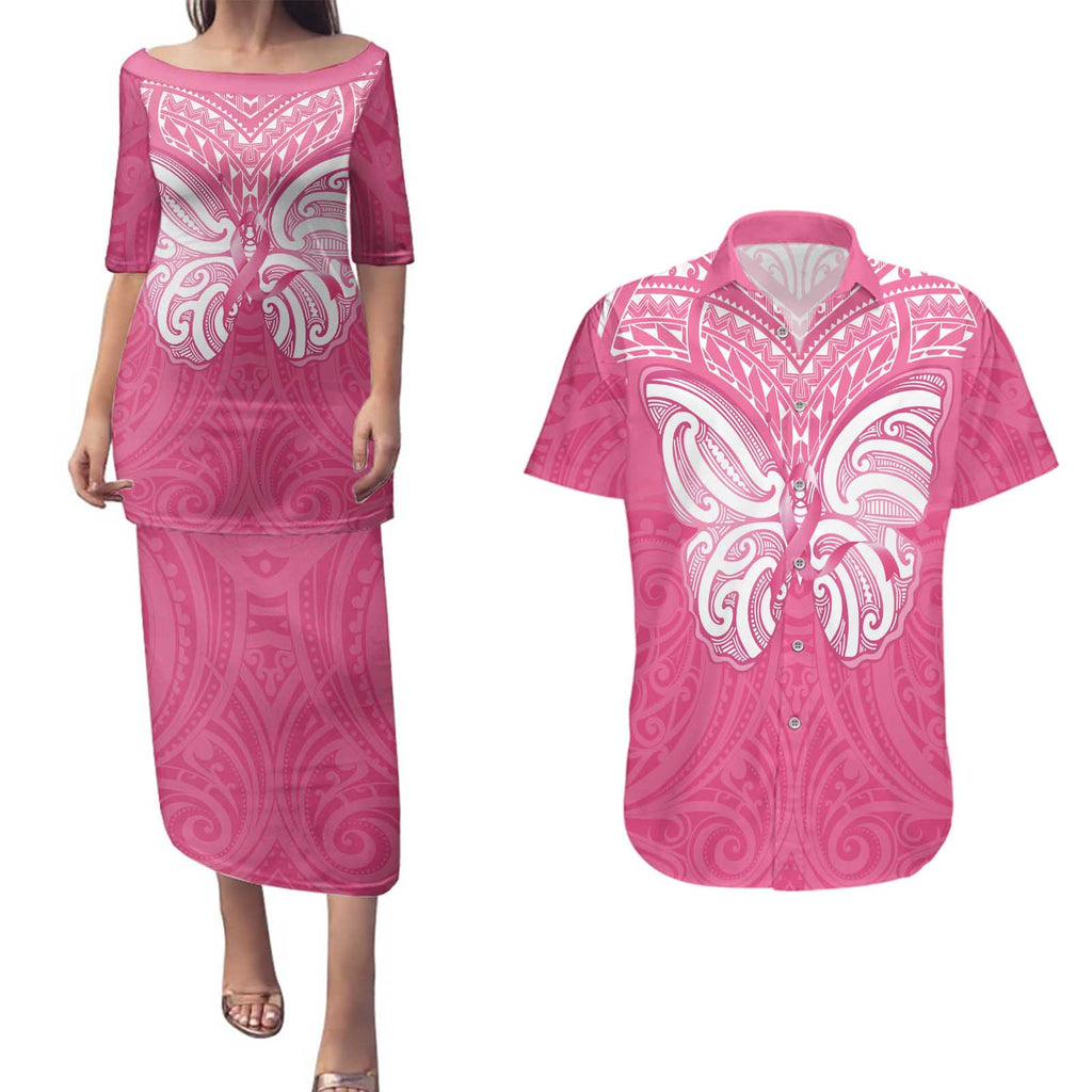 New Zealand Breast Cancer Awareness Couples Matching Puletasi and Hawaiian Shirt Maori Butterfly Pink Ribbon - Aussie Hoodie