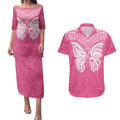 New Zealand Breast Cancer Awareness Couples Matching Puletasi and Hawaiian Shirt Maori Butterfly Pink Ribbon - Aussie Hoodie