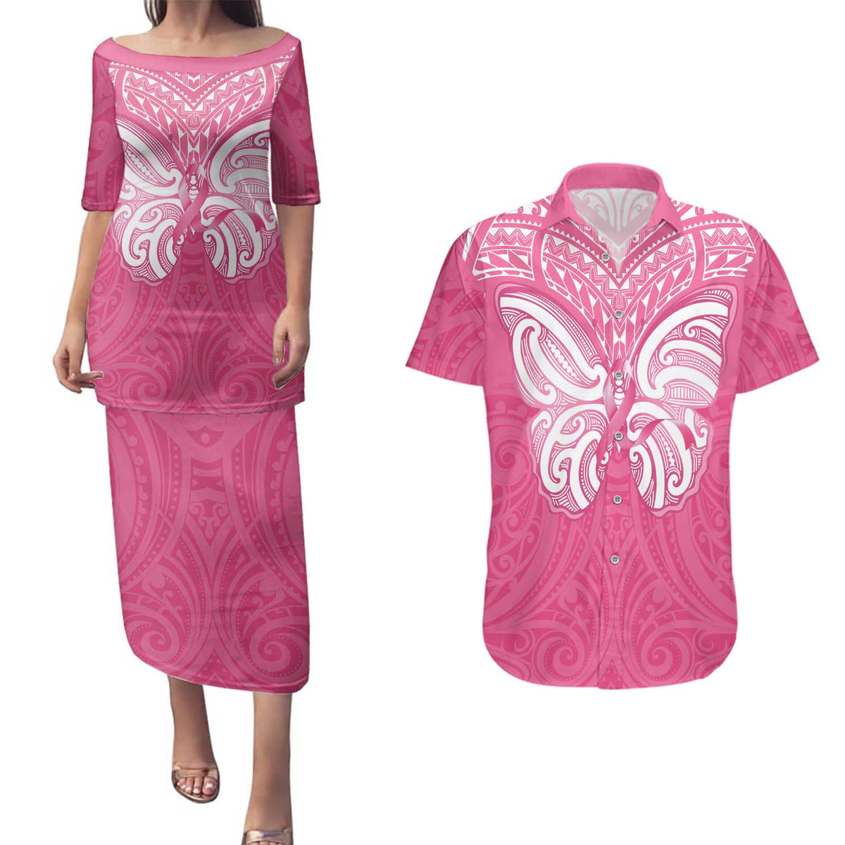 New Zealand Breast Cancer Awareness Couples Matching Puletasi and Hawaiian Shirt Maori Butterfly Pink Ribbon - Aussie Hoodie