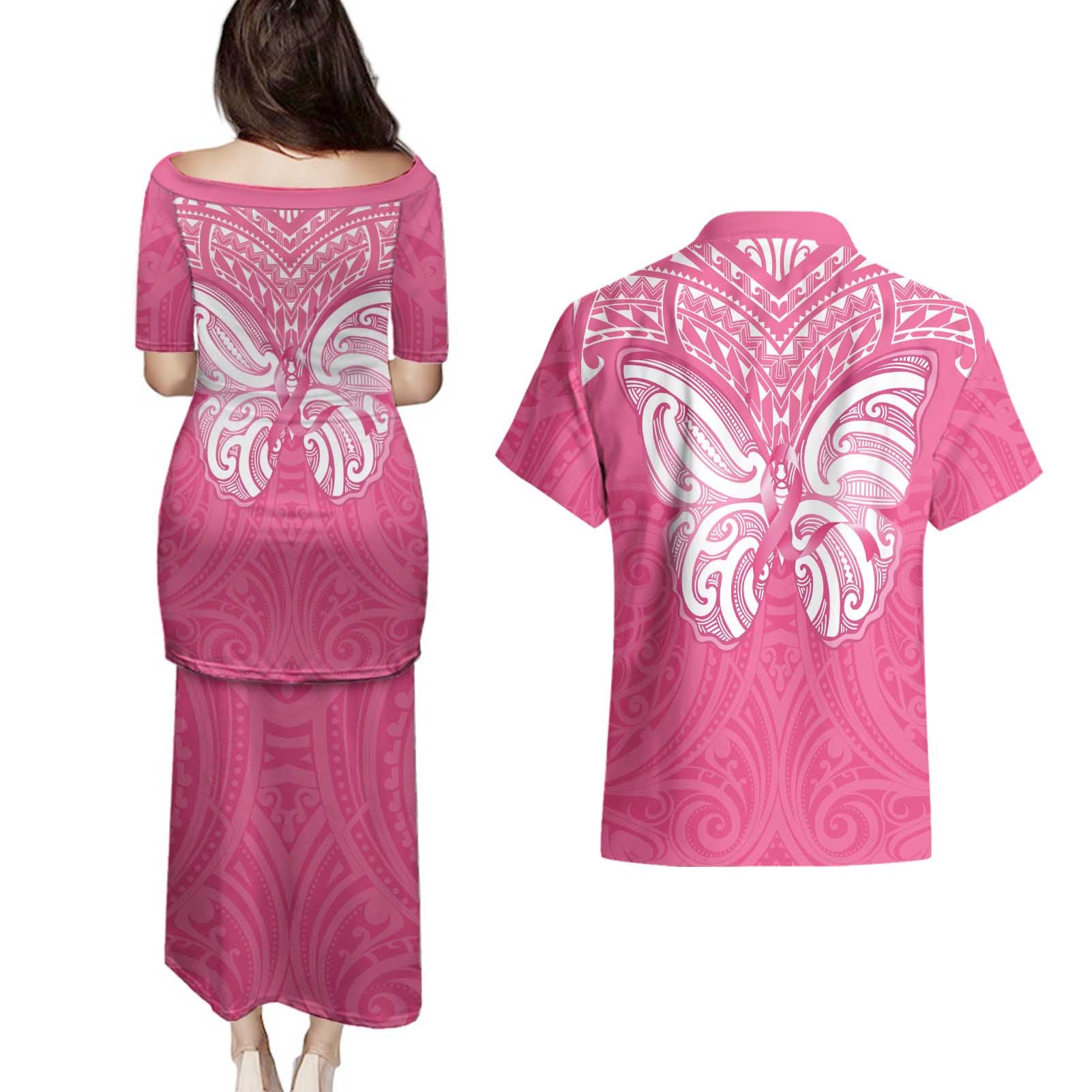 New Zealand Breast Cancer Awareness Couples Matching Puletasi and Hawaiian Shirt Maori Butterfly Pink Ribbon - Aussie Hoodie