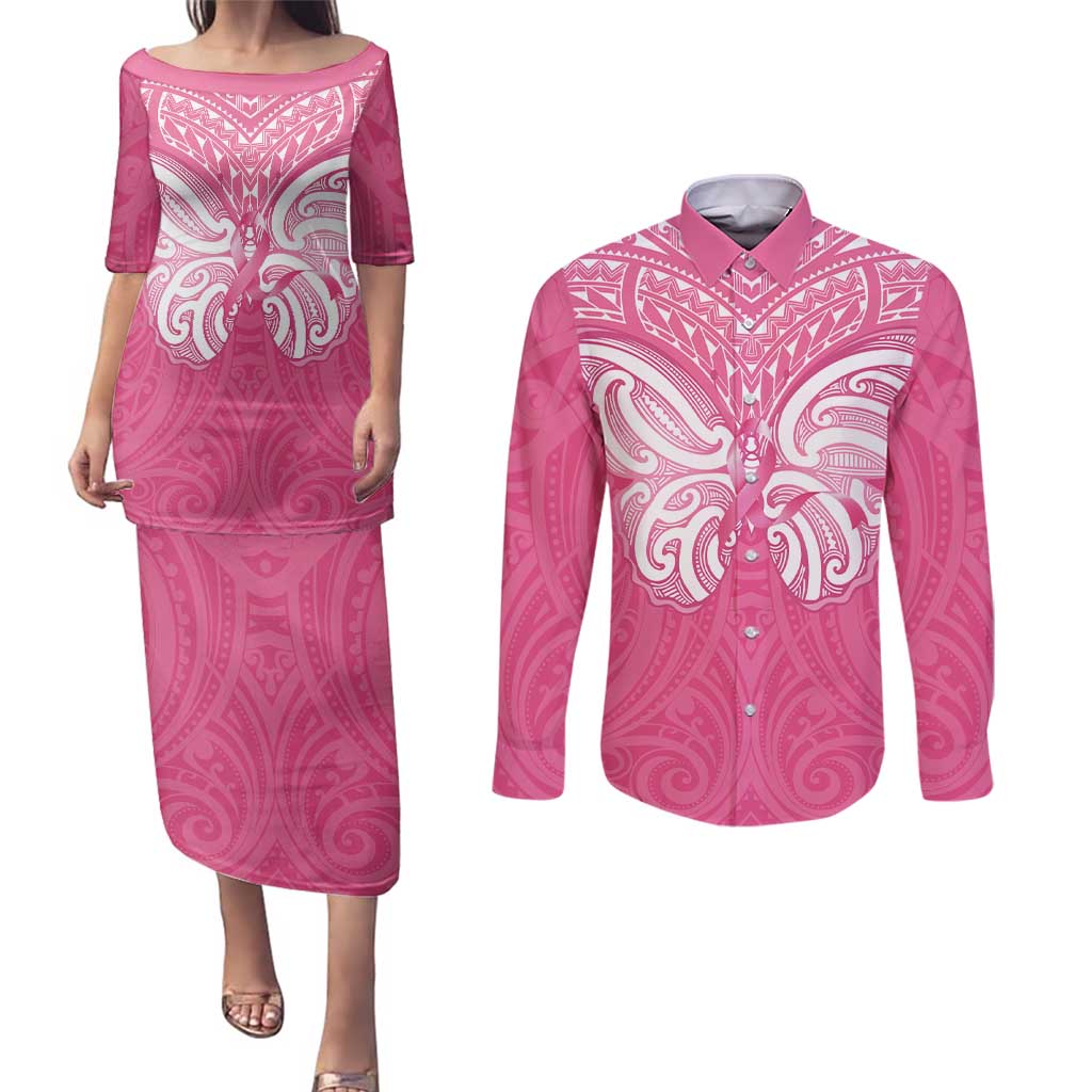 New Zealand Breast Cancer Awareness Couples Matching Puletasi and Long Sleeve Button Shirt Maori Butterfly Pink Ribbon - Aussie Hoodie