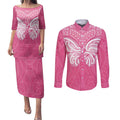New Zealand Breast Cancer Awareness Couples Matching Puletasi and Long Sleeve Button Shirt Maori Butterfly Pink Ribbon - Aussie Hoodie