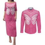 New Zealand Breast Cancer Awareness Couples Matching Puletasi and Long Sleeve Button Shirt Maori Butterfly Pink Ribbon - Aussie Hoodie