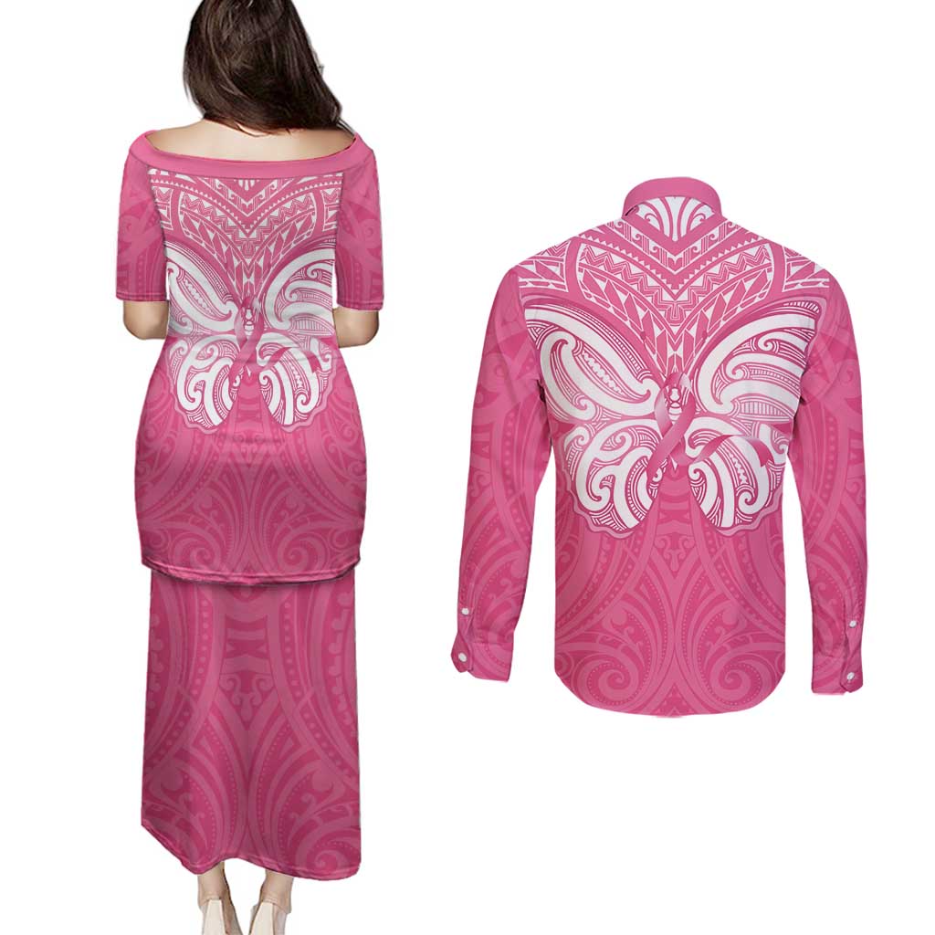 New Zealand Breast Cancer Awareness Couples Matching Puletasi and Long Sleeve Button Shirt Maori Butterfly Pink Ribbon - Aussie Hoodie