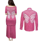 New Zealand Breast Cancer Awareness Couples Matching Puletasi and Long Sleeve Button Shirt Maori Butterfly Pink Ribbon - Aussie Hoodie
