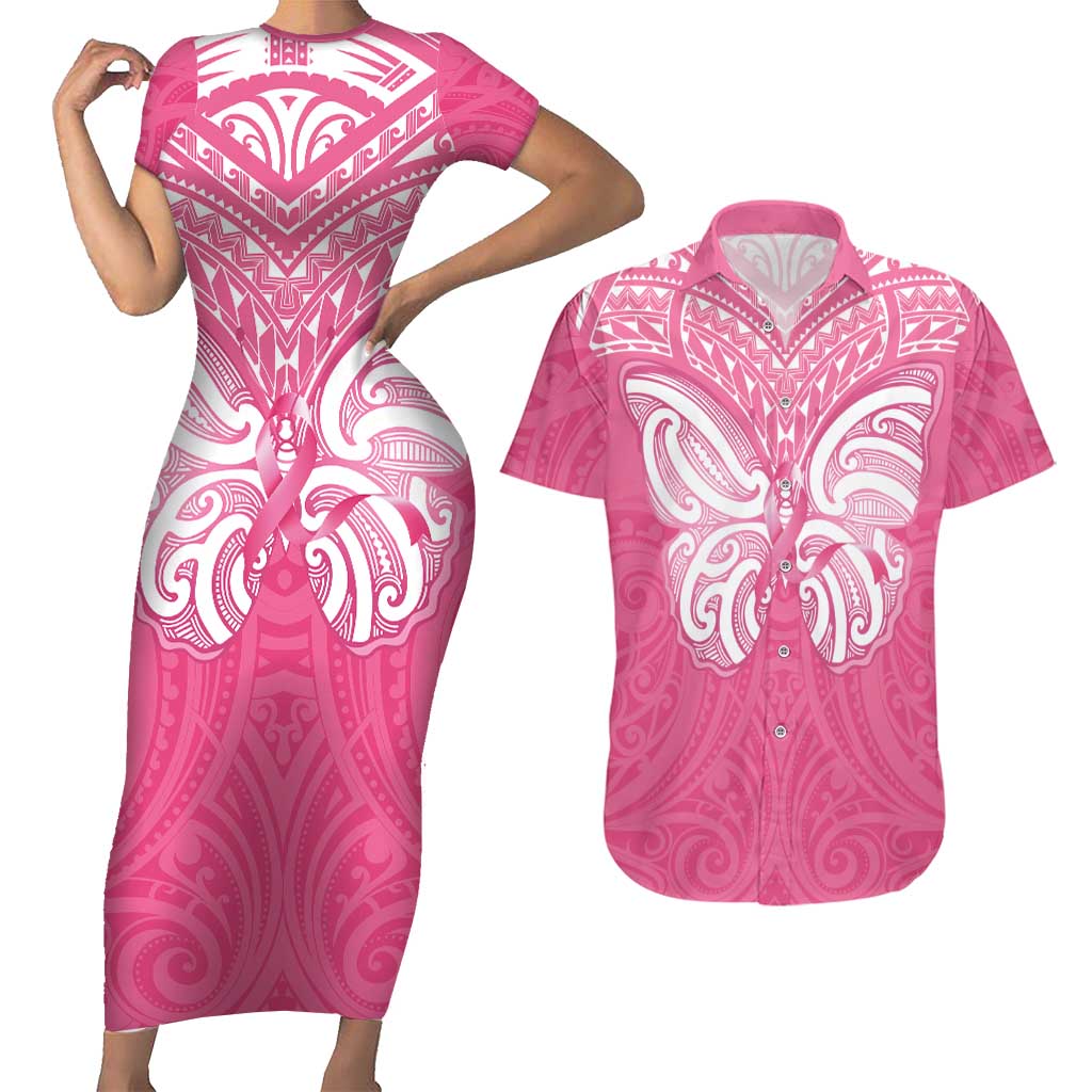 New Zealand Breast Cancer Awareness Couples Matching Short Sleeve Bodycon Dress and Hawaiian Shirt Maori Butterfly Pink Ribbon - Aussie Hoodie