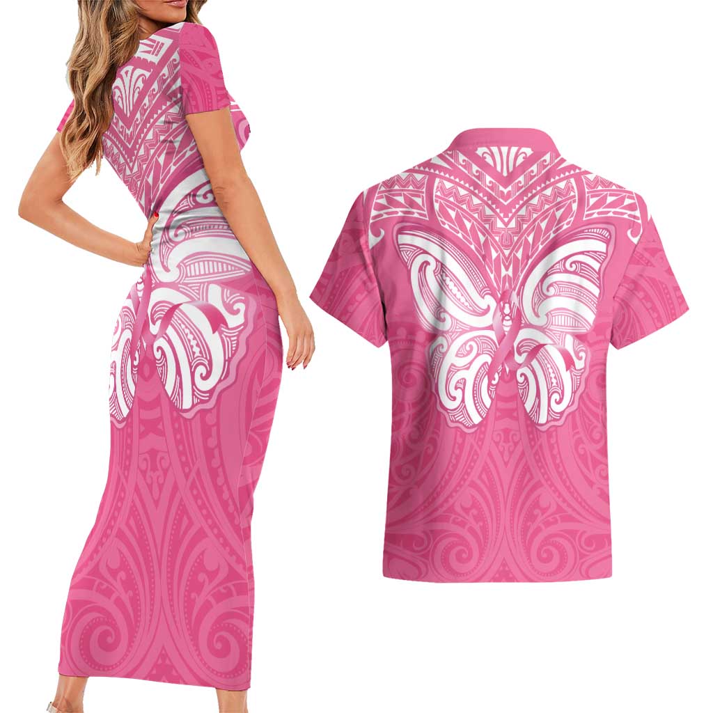 New Zealand Breast Cancer Awareness Couples Matching Short Sleeve Bodycon Dress and Hawaiian Shirt Maori Butterfly Pink Ribbon - Aussie Hoodie