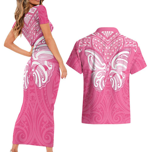 New Zealand Breast Cancer Awareness Couples Matching Short Sleeve Bodycon Dress and Hawaiian Shirt Maori Butterfly Pink Ribbon - Aussie Hoodie