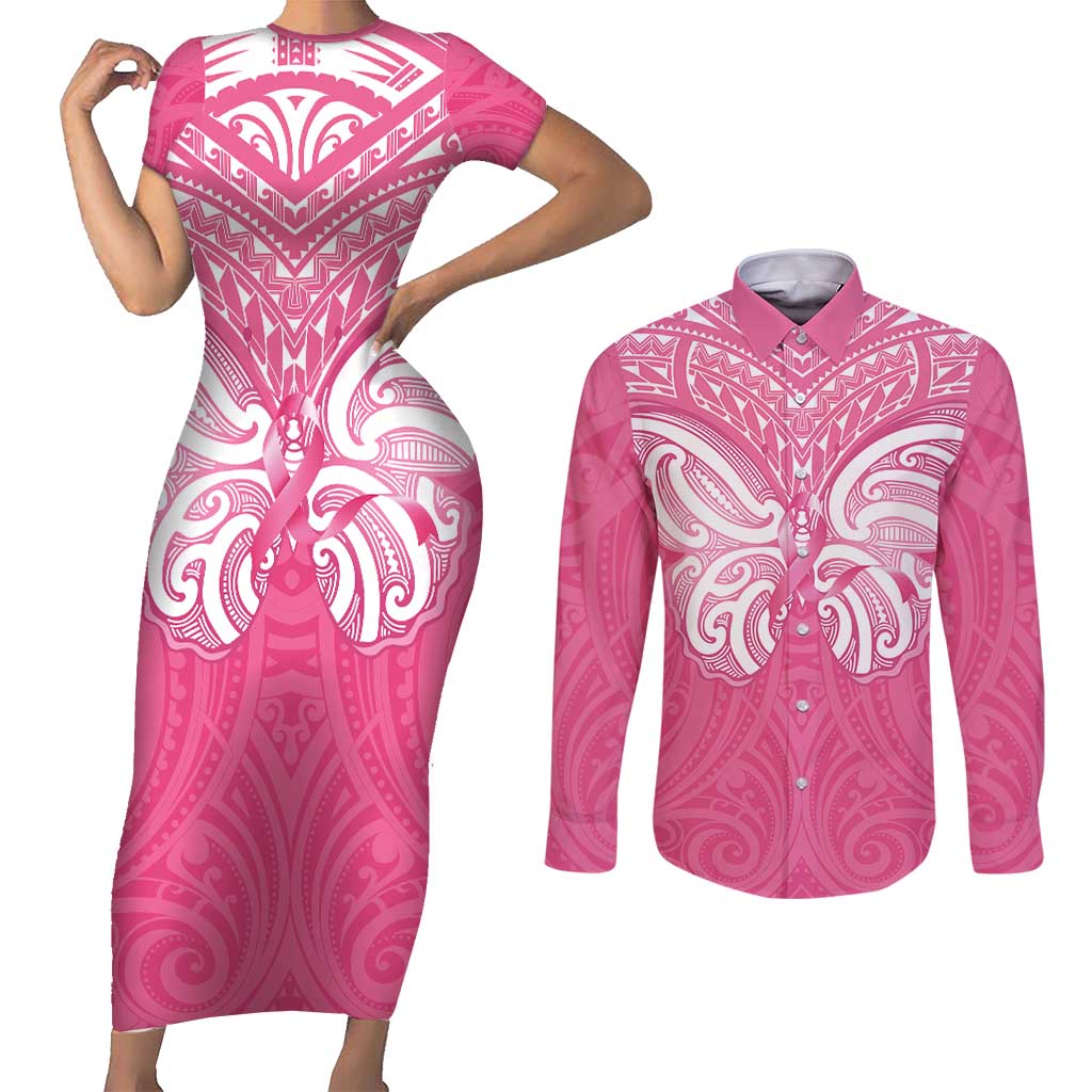 New Zealand Breast Cancer Awareness Couples Matching Short Sleeve Bodycon Dress and Long Sleeve Button Shirt Maori Butterfly Pink Ribbon - Aussie Hoodie