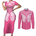 New Zealand Breast Cancer Awareness Couples Matching Short Sleeve Bodycon Dress and Long Sleeve Button Shirt Maori Butterfly Pink Ribbon - Aussie Hoodie
