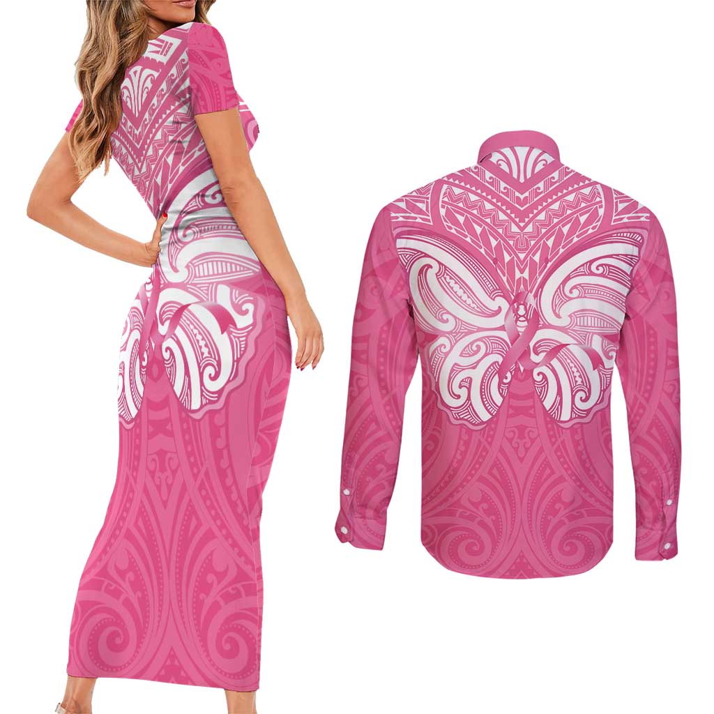 New Zealand Breast Cancer Awareness Couples Matching Short Sleeve Bodycon Dress and Long Sleeve Button Shirt Maori Butterfly Pink Ribbon - Aussie Hoodie