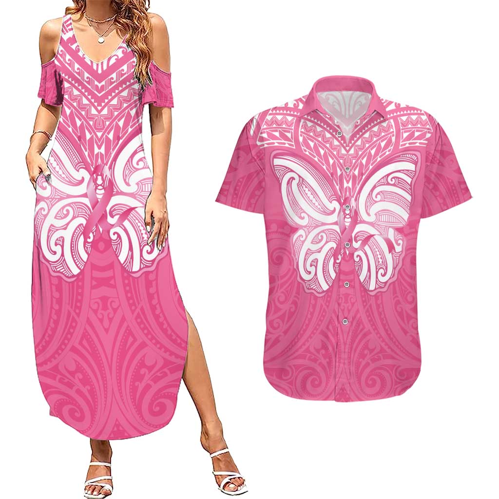 New Zealand Breast Cancer Awareness Couples Matching Summer Maxi Dress and Hawaiian Shirt Maori Butterfly Pink Ribbon - Aussie Hoodie