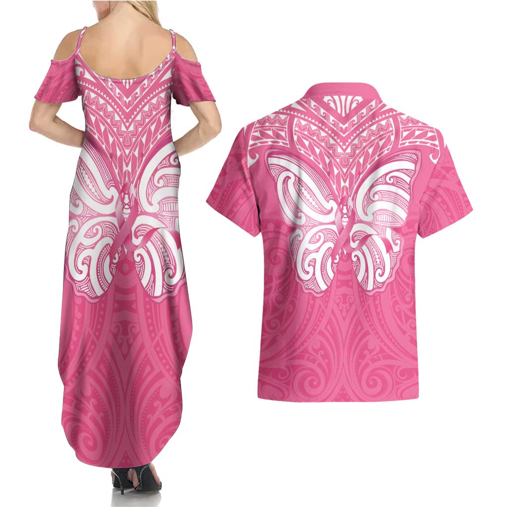 New Zealand Breast Cancer Awareness Couples Matching Summer Maxi Dress and Hawaiian Shirt Maori Butterfly Pink Ribbon - Aussie Hoodie