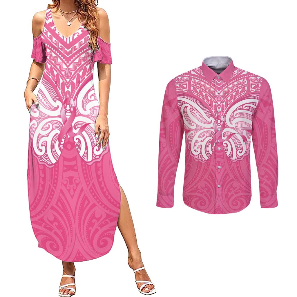 New Zealand Breast Cancer Awareness Couples Matching Summer Maxi Dress and Long Sleeve Button Shirt Maori Butterfly Pink Ribbon - Aussie Hoodie