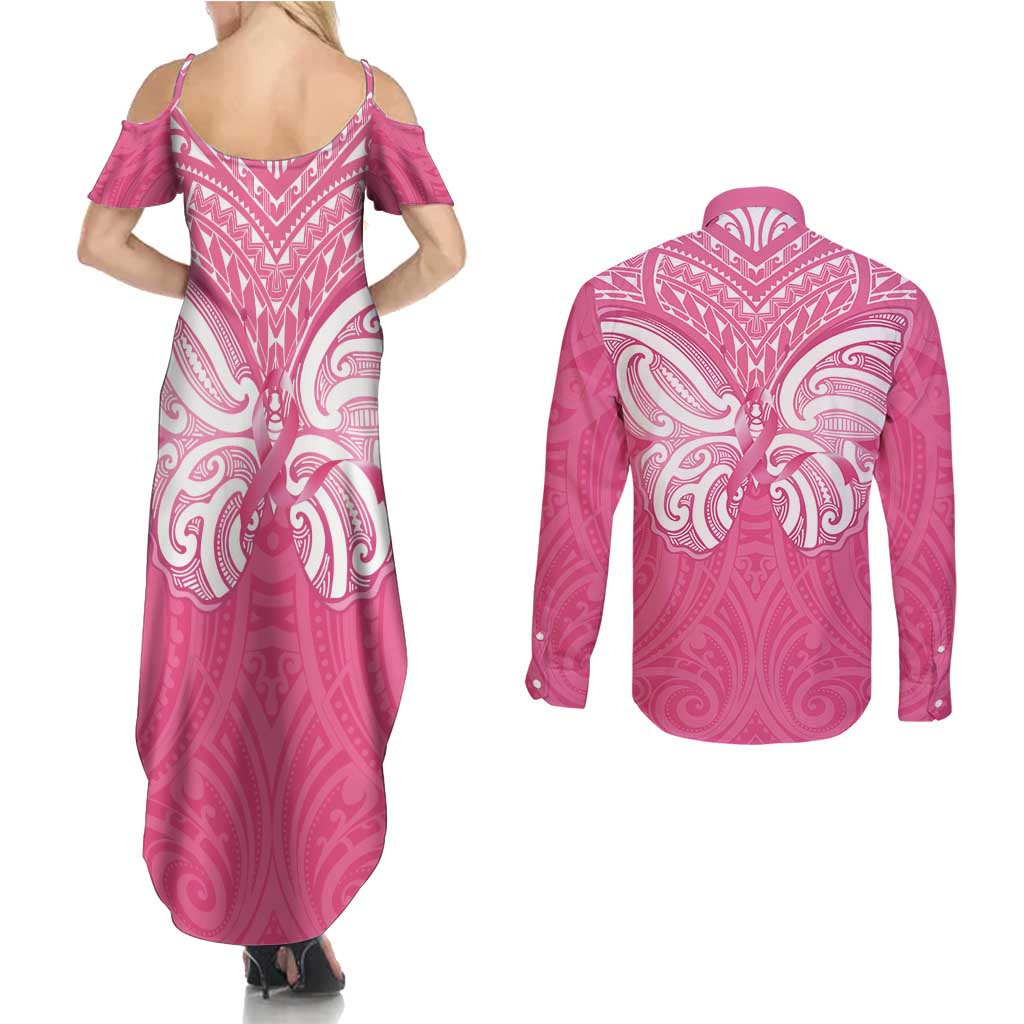 New Zealand Breast Cancer Awareness Couples Matching Summer Maxi Dress and Long Sleeve Button Shirt Maori Butterfly Pink Ribbon - Aussie Hoodie