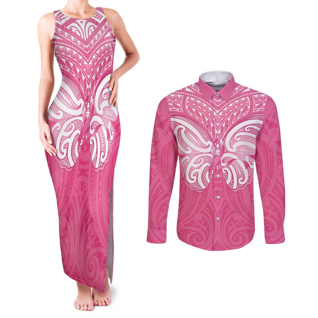 New Zealand Breast Cancer Awareness Couples Matching Tank Maxi Dress and Long Sleeve Button Shirt Maori Butterfly Pink Ribbon - Aussie Hoodie